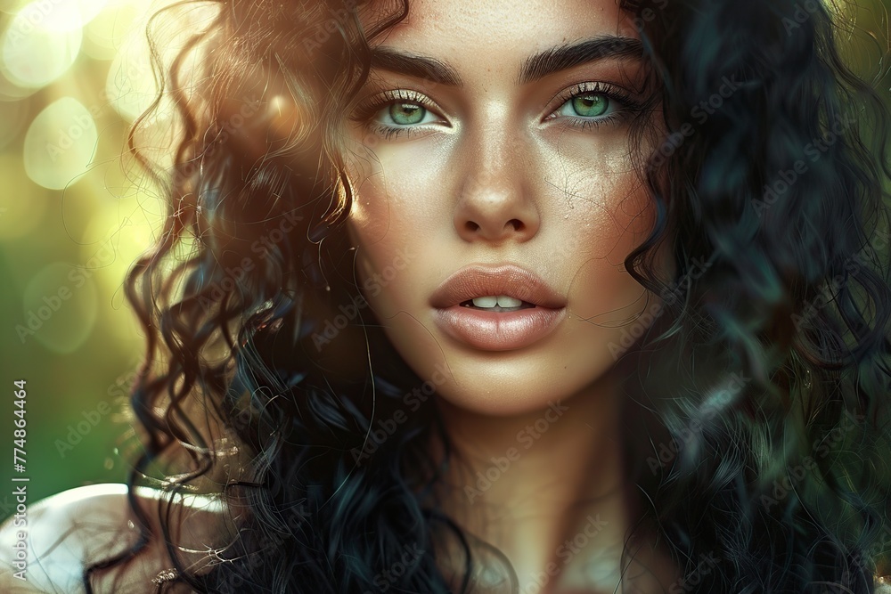 Fototapeta premium beautiful young model with long curly hair posing in front of the camera