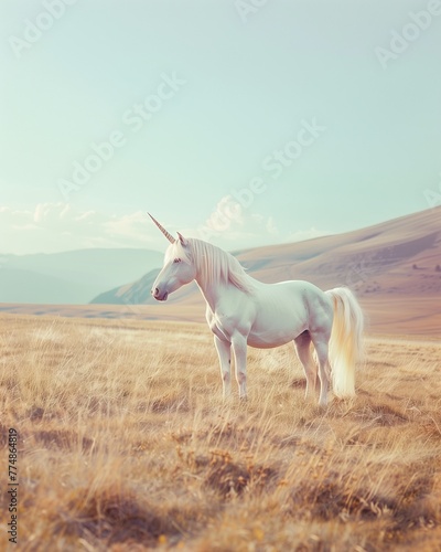 white unicorn with long hair standing in the grassland  light blue sky. style is minimalist  with a blurred background and light green and gray colors. natural scenery and snowy mountains
