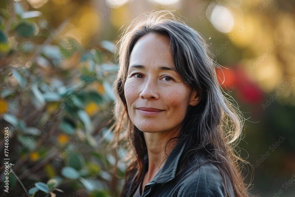 Portrait of a beautiful middle-aged woman with long hair in the park Portrait of a beautiful middle-aged woman with long hair in the park