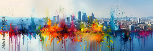 a painting of a cityscape with a lot of colorful paint splatters on the side of the picture and the city in the back ground with buildings in the background.
