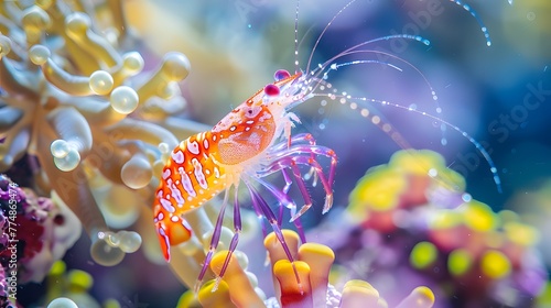 Tiny colorful shrimp exploring vibrant coral reef scene ai image