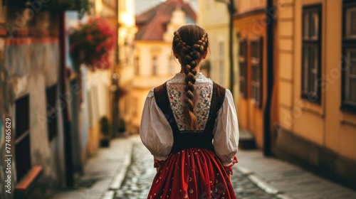 Back view of a beautiful girl in traditional Czech clothing in street with historic buildings in the city of Prague, Czech Republic in Europe.