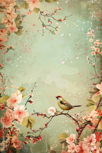 Bird Perched on Branch With Flowers