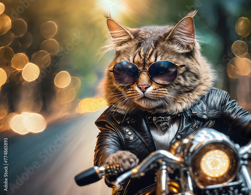 Un magnifique chat qui porte des lunettes de soleil et fait de la moto ,blouson en cuir, cool © remi