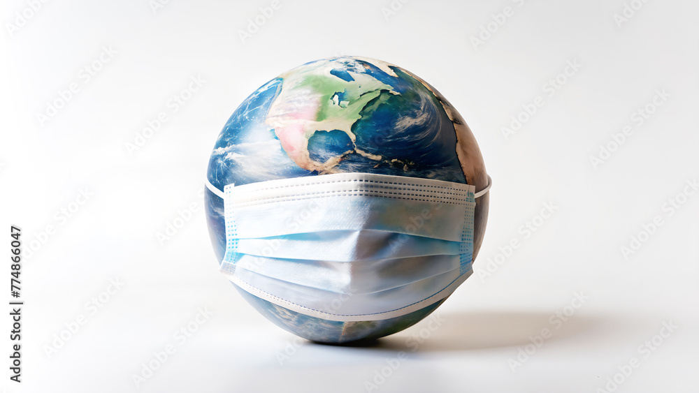 El Planeta Tierra con una mascarilla sobre fondo blanco. Día de la Tierra. Concepto medio ambiente. - obrazy, fototapety, plakaty 