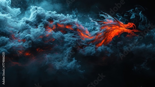Powerful dragon flying in sky with clouds and fire flame.