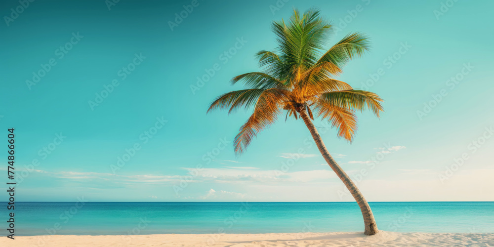 Palm on a sunny tropical sea shore under turquoise sky. Vacation concept. Generative AI