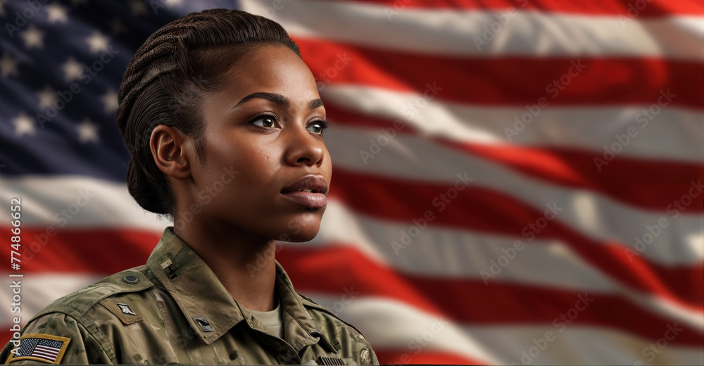 Banner with profile portrait of a soldier looking up proudly with US flag background Banner with profile portrait of a soldier looking up proudly with US flag background