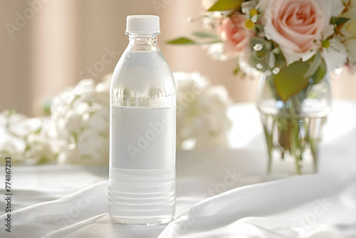 Wedding Water Bottle with white blank labels mockup. Water bottles template standing on a table with some floral decor.