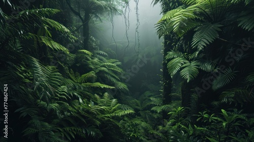 Prehistoric forest jungle with giant trees.