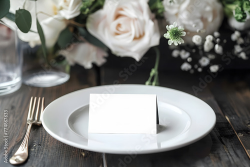 Wedding blank white place cards mockup. Place card  template on the plate and wedding table.