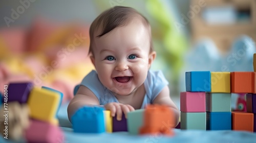 Portrait of a happy baby child among colorful Lego cubes on a bright background