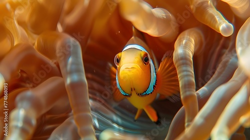 Clownfish peeking from anemone home in symbiotic relationship ai image