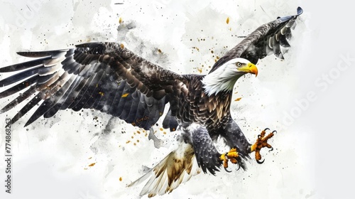 A bald eagle flying in sky in wild. Watercolor art drawing.