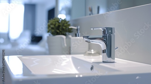 Close-up sink with faucet with running water in bright bathroom photo