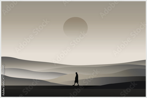 Illustration of man walking alone in night, mystery landscape ,  lost in the path - way, abstract solitude, wall decoration 