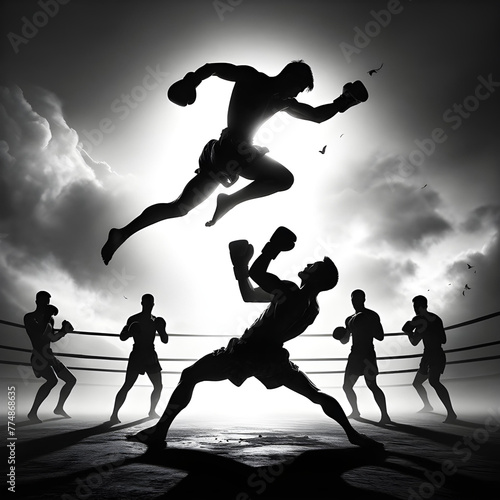 Decisive Muay Thai Battle: Dynamic Fighter Silhouettes in Action