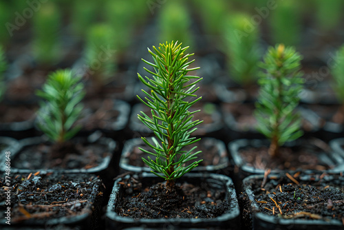 Young pine tree saplings growing in a nursery. Propagator of young trees for landscaping. Reforestation concept photo