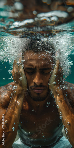 Mann, die Augen fest geschlossen, unter Wasser sitzend photo