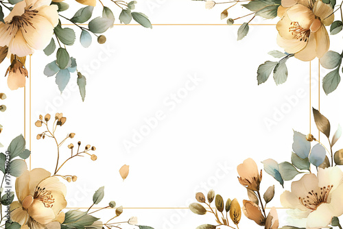 Floral border with golden lines on white background. Elegant frame design for wedding invitations, greeting cards, and posters. Flat lay composition with copy space. Springtime and celebration concept