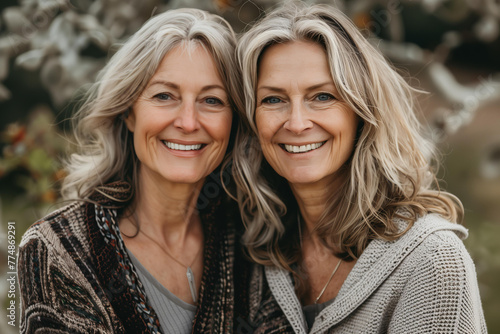 two beautiful middle aged woman wearing identical fashion clothes, candid smile, twins,sisters or best friends