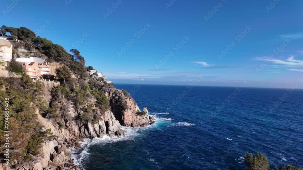 Sea view from above with mountain and villas on the background, 4K Sea view from above with mountain and villas on the background, 4K