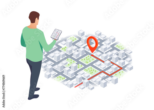 Tourist traveling using his smartphone to favorite places on map. Isometric gps navigation concept. City map route navigation smartphone, phone point marker. Vector illustration on white background