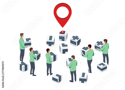Team of men create together a new route. Red marker or pin on one of the boxes as a goal located near 3d boxes with roads. Vector illustration isolated on white background.