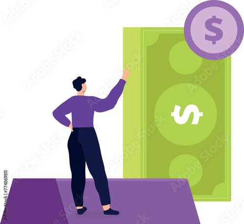 The girl is looking at the cash.