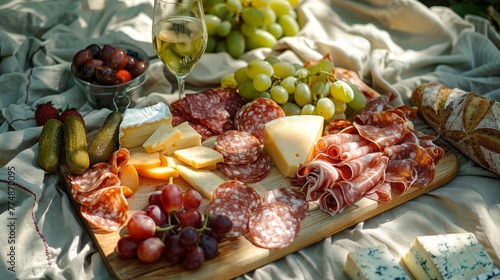 Charcuterie board with cold cuts, fresh fruits and cheese on a picnic cloth 