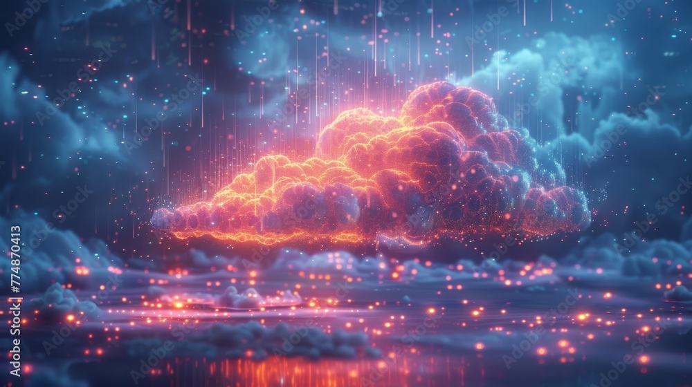 An ethereal neon cloud design with data rain, symbolizing high-tech cloud computing and digital data flow..