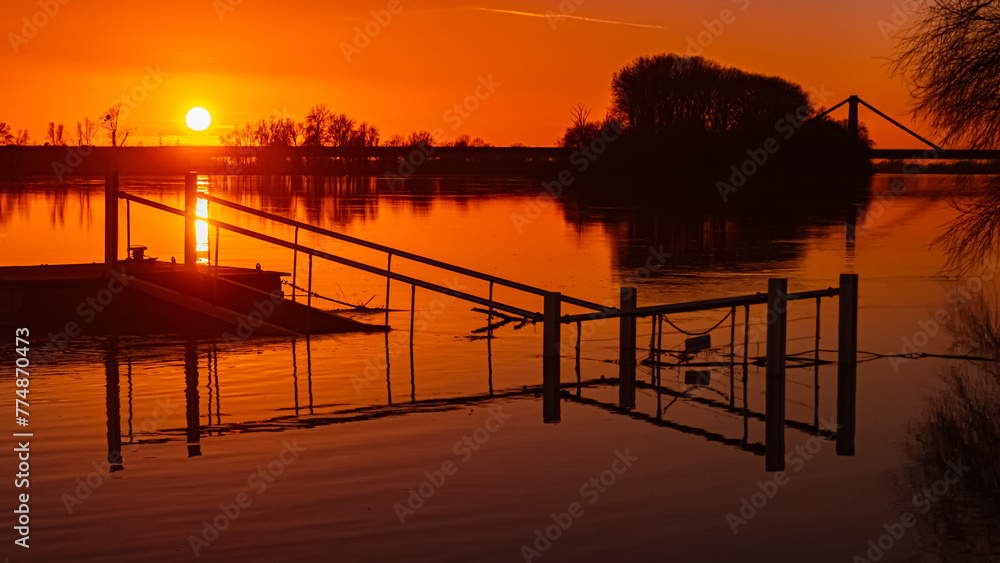 Sunset with reflections near Metten, Danube, Deggendorf, Bavaria, Germany