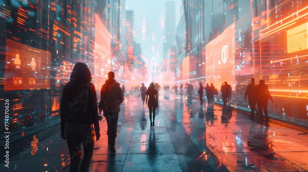 A bustling urban scene at dusk, with pedestrians immersed in a digitally augmented reality, highlighting the intersection of daily life and cyber technology..