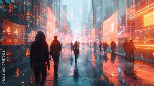 A bustling urban scene at dusk, with pedestrians immersed in a digitally augmented reality, highlighting the intersection of daily life and cyber technology.. © PrisonerRabbit