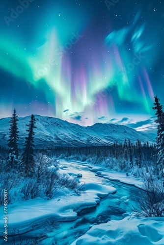 Beautiful aurora northern lights in night sky with snow mountain forest in winter. © Joyce