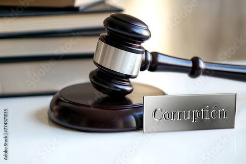 A minimalist setup featuring a modern, transparent gavel and a sleek, silver name plate with "Corruption" engraved, positioned on a white, glossy table surface