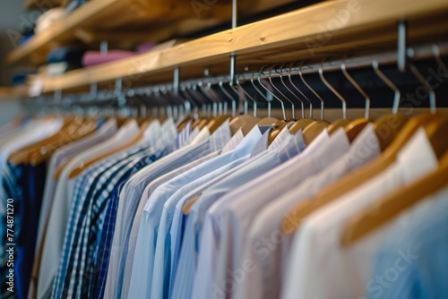 Clean, ironed shirts on a hanger in a store or at home in a light wardrobe. Clothing store concept for sale