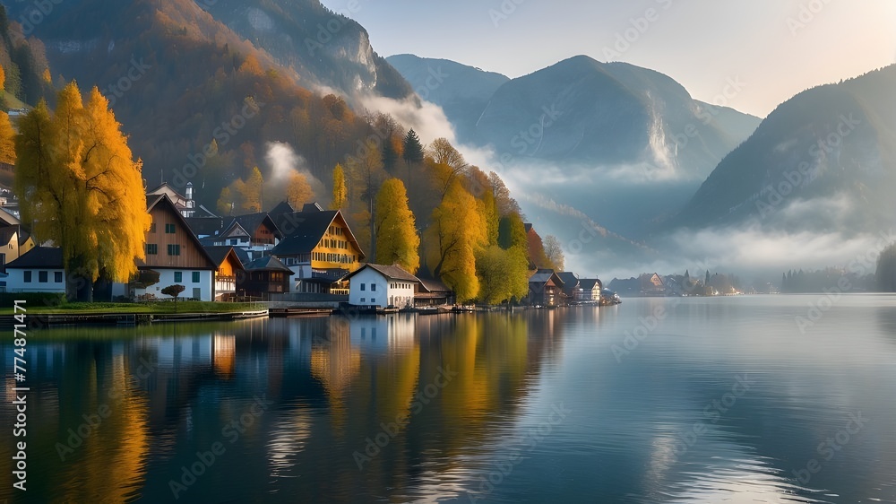 A misty fall sight along the lake in Hallstatt. Beautiful early-morning view of the village of Hallstatt in the Salzkammergut area of Austria. The concept background showcases the beauty of the countr