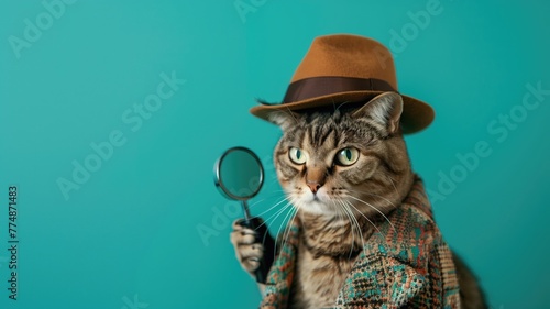 Cat dressed as detective with magnifying glass on teal background