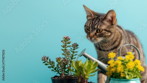 Curious tabby cat sniffing succulent plant next to watering can and yellow flowers against blue background