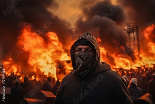 Man with a mask on his face and hood participates in protest or strike against background of a fire