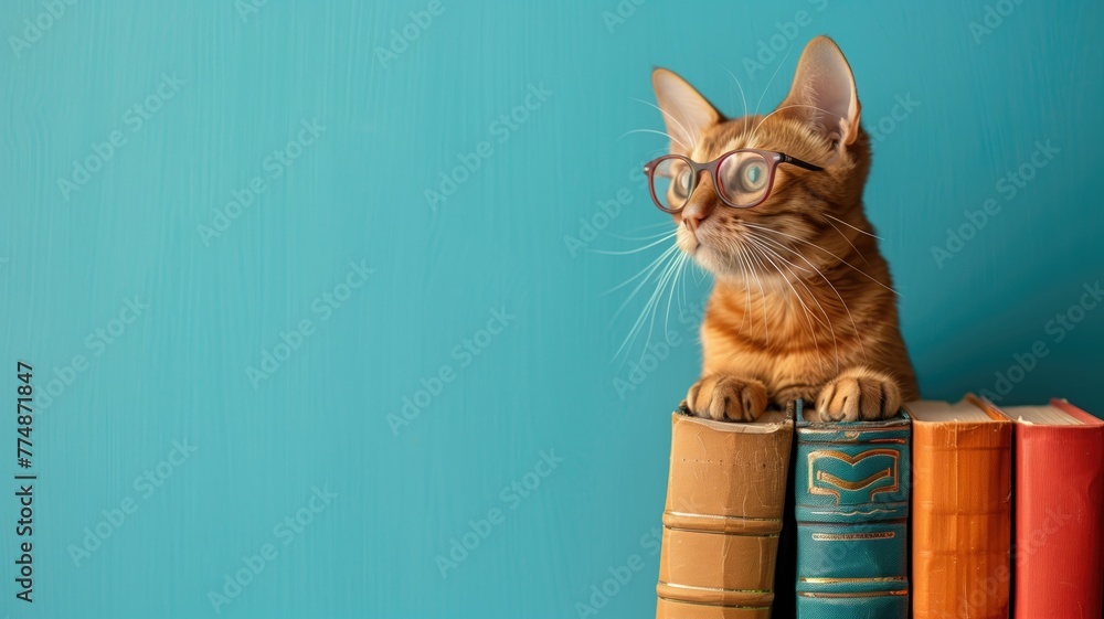 Cat with glasses sits atop stack of books against blue background - obrazy, fototapety, plakaty 