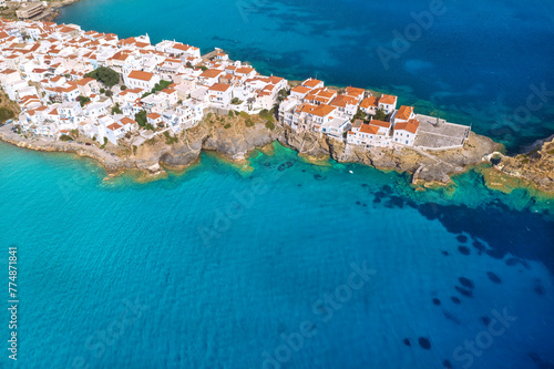 Aerial drone view of iconic and picturesque Andros Chora Andros Island, Cyclades, Greek Islands, Greece, Europe