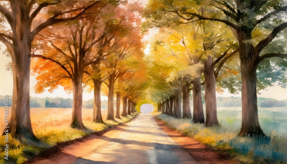 vibrant watercolor landscape depicting a tunnel of colorful trees generative ai