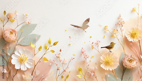 spring season nature plant and birds on white background in pastel color and paper craft style generative ai © Claudio
