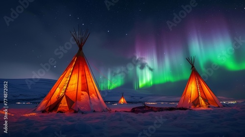 Teepee tents in snow field with beautiful aurora northern lights in night sky in winter.