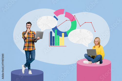 Composite trend artwork sketch image 3D photo collage of young colleagues lady hold laptop on legs man keep computer think analyze stats