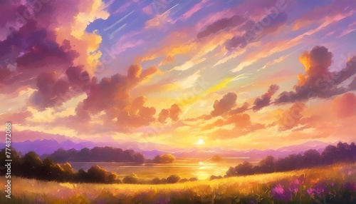 beautiful landscape background sky clouds sunset oil painting view wallpaper landscape light colours purple anime style magic and colorful #774872068