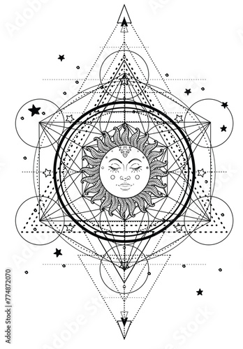 Metatron Cube. Moon pagan Wicca moon goddess symbol. Three-faced Goddess, Maiden, Mother, Crone isolated vector illustration. Tattoo, astrology, alchemy, boho and magic symbol. Coloring book.
