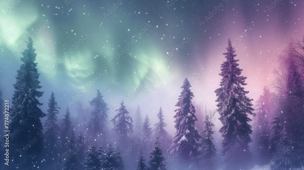 Beautiful aurora northern lights in night sky with snow forest in winter.